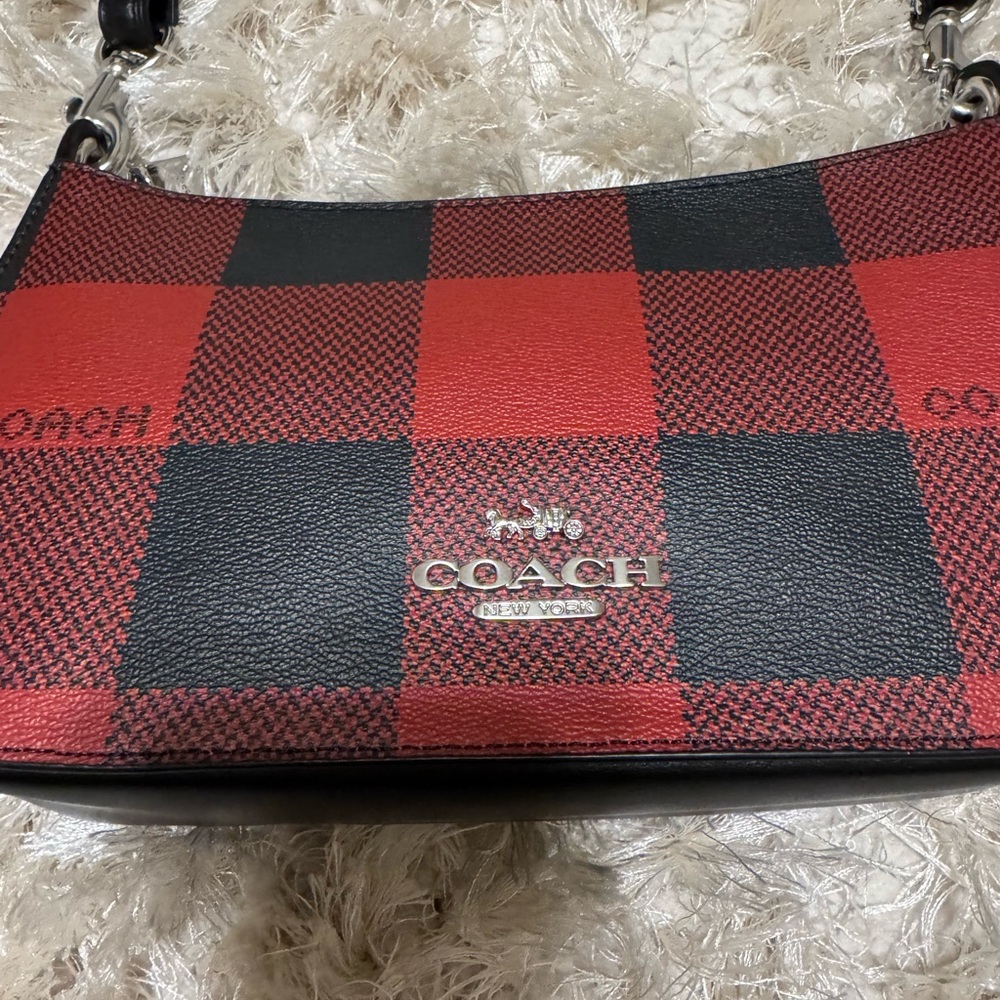✨NWOT Coach Buffalo Plaid Jes Baguette red and black leather crossbody bag ✨ - Picture 5 of 10